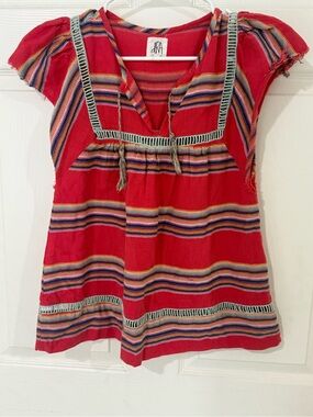 Red Striped Boho Peasant Top by dRA